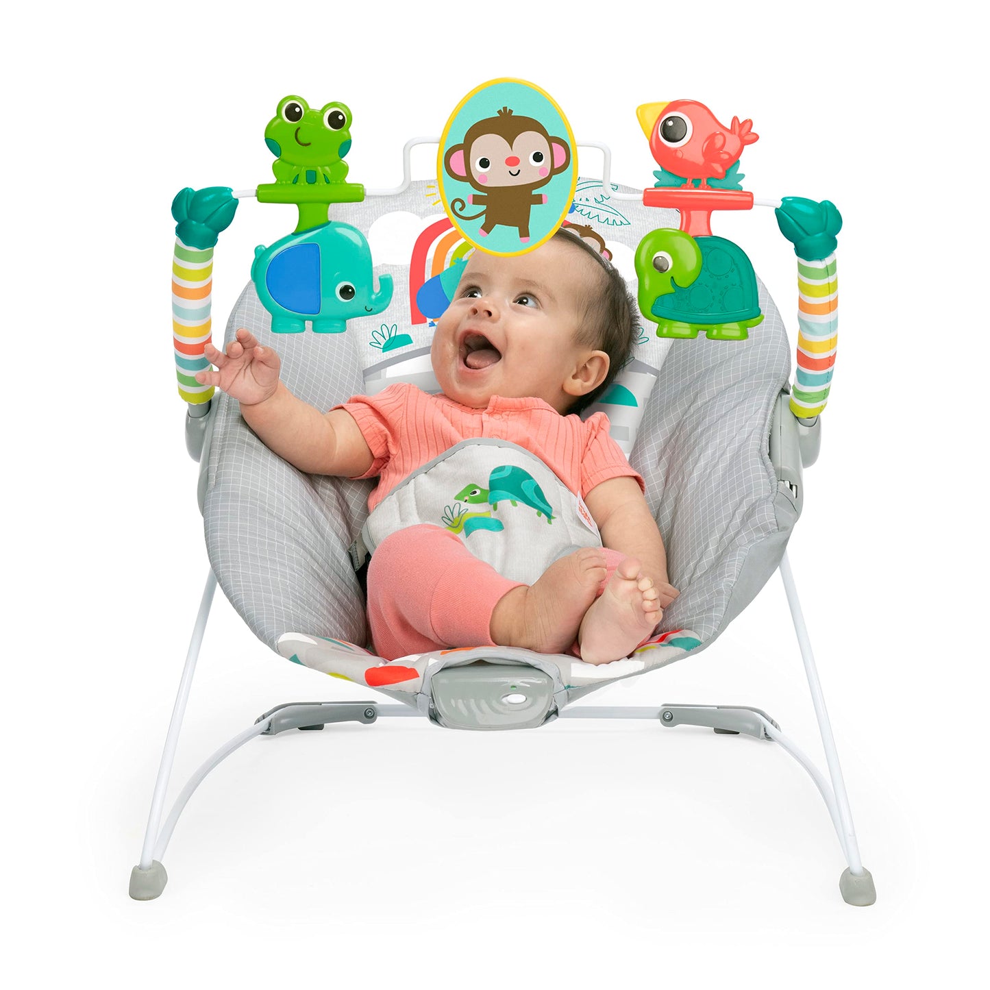 Bright Starts Playful Paradise Comfy Baby Bouncer Seat with Soothing Vibration and Toys, Unisex, 0-6 Months