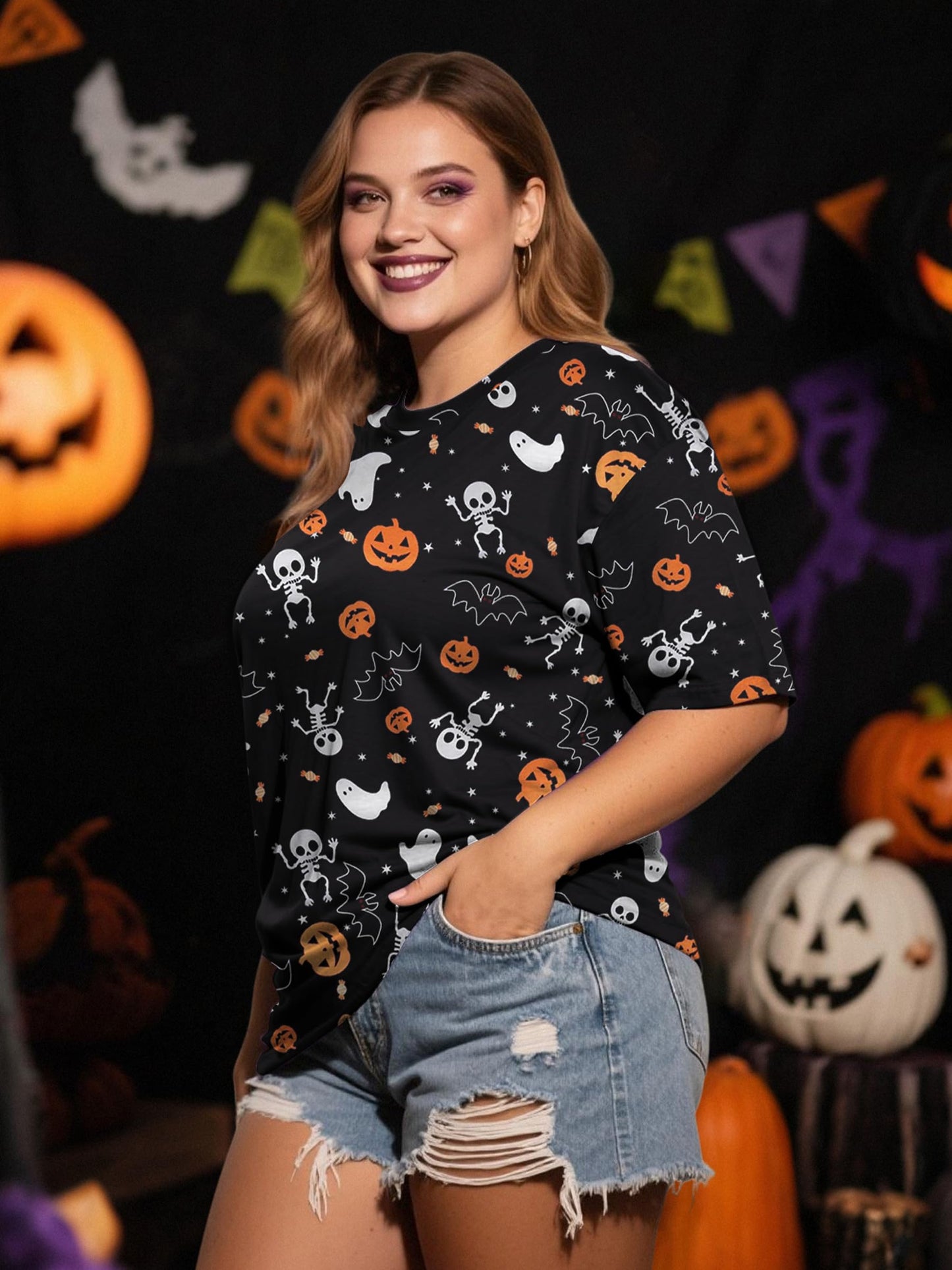 Anbech Women Plus Size Halloween Tops Pumpkin Grapchic Thanksgiving T-Shirt (Full Black, 4XL)