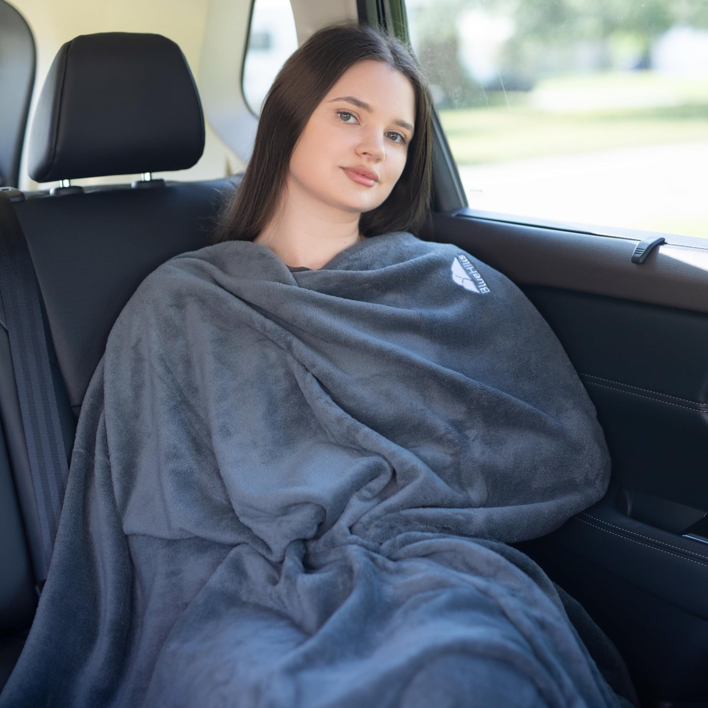 BlueHills Premium Soft Travel Blanket Pillow Airplane Flight Blanket Throw Bag Pillowcase Compact Large 2 in 1 Combo Warm Traveling Plane Essentials Portable Gifts Lightweight Grey Gray T007