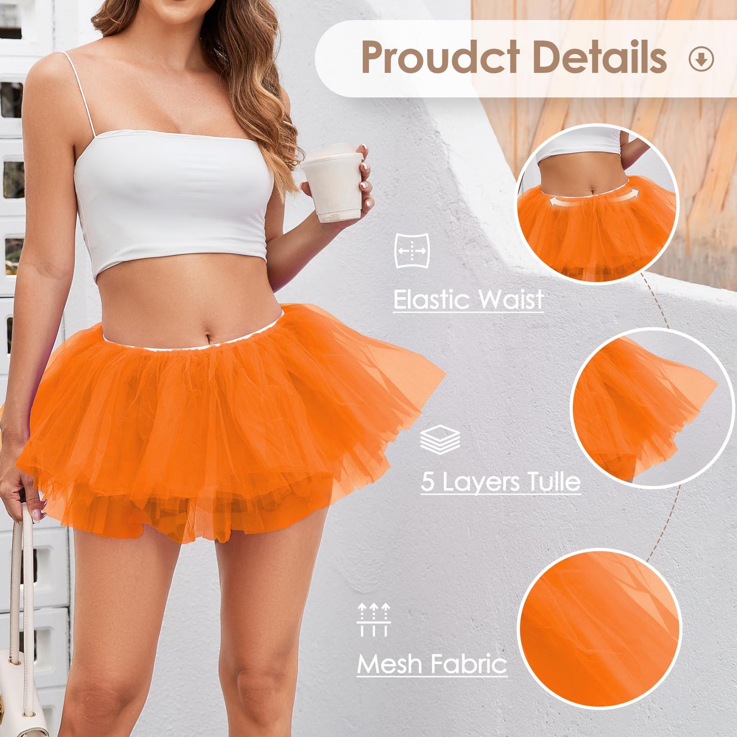 Women 5 Layers Tutu Fluffy Dance Ballet Bubble Skirt Puffy Elastic Tulle Short Skirts Halloween Christmas Costume Orange
