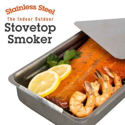 Camerons Indoor Outdoor Stovetop Smoker - Stainless Steel Barbecue Smoker Box w/Oak Wood Chips & Recipes - Works On Any Heat Source, Stovetop or BBQ Grill for Smoking Meats - Grilling Gift for Men