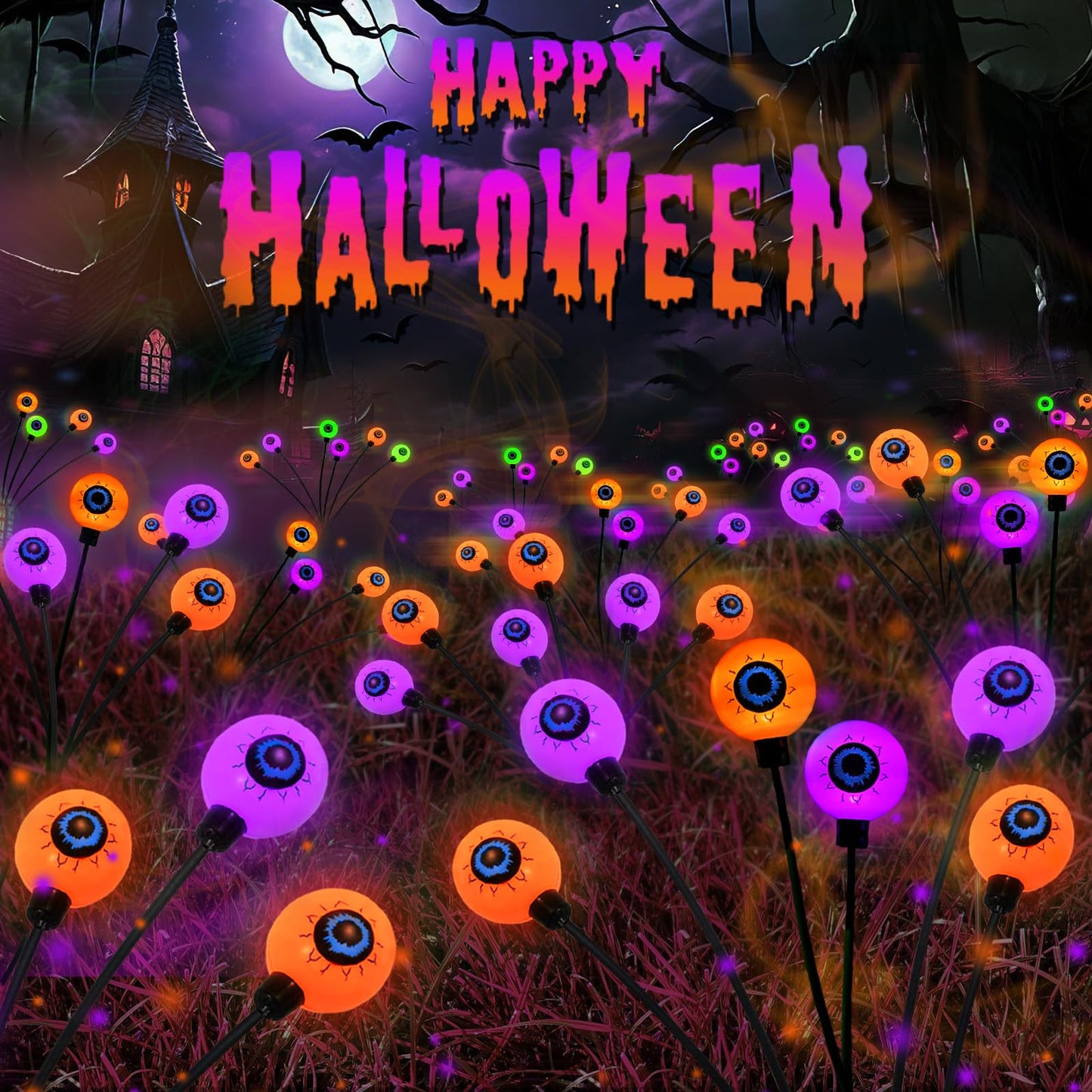 6 Pack Halloween Decorations Outdoor Solar Eyeball Lights, Purple and Orange Scary Eyeball Swaying Firefly Lights with 2 Modes, Waterproof Halloween Pathway Lights for Yard Garden Lawn Party Decor