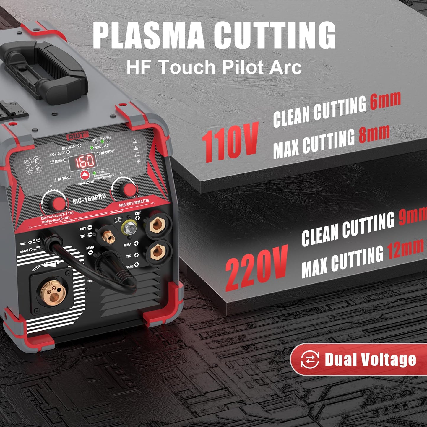 AWT MIG Welding Machine,160A 5 in 1 Plasma Cutter Welder Combo HF TIG/Gas MIG/Flux MIG/Stick Welding,110/220V Dual Voltage, Multi-Process Welder MIG88-160M