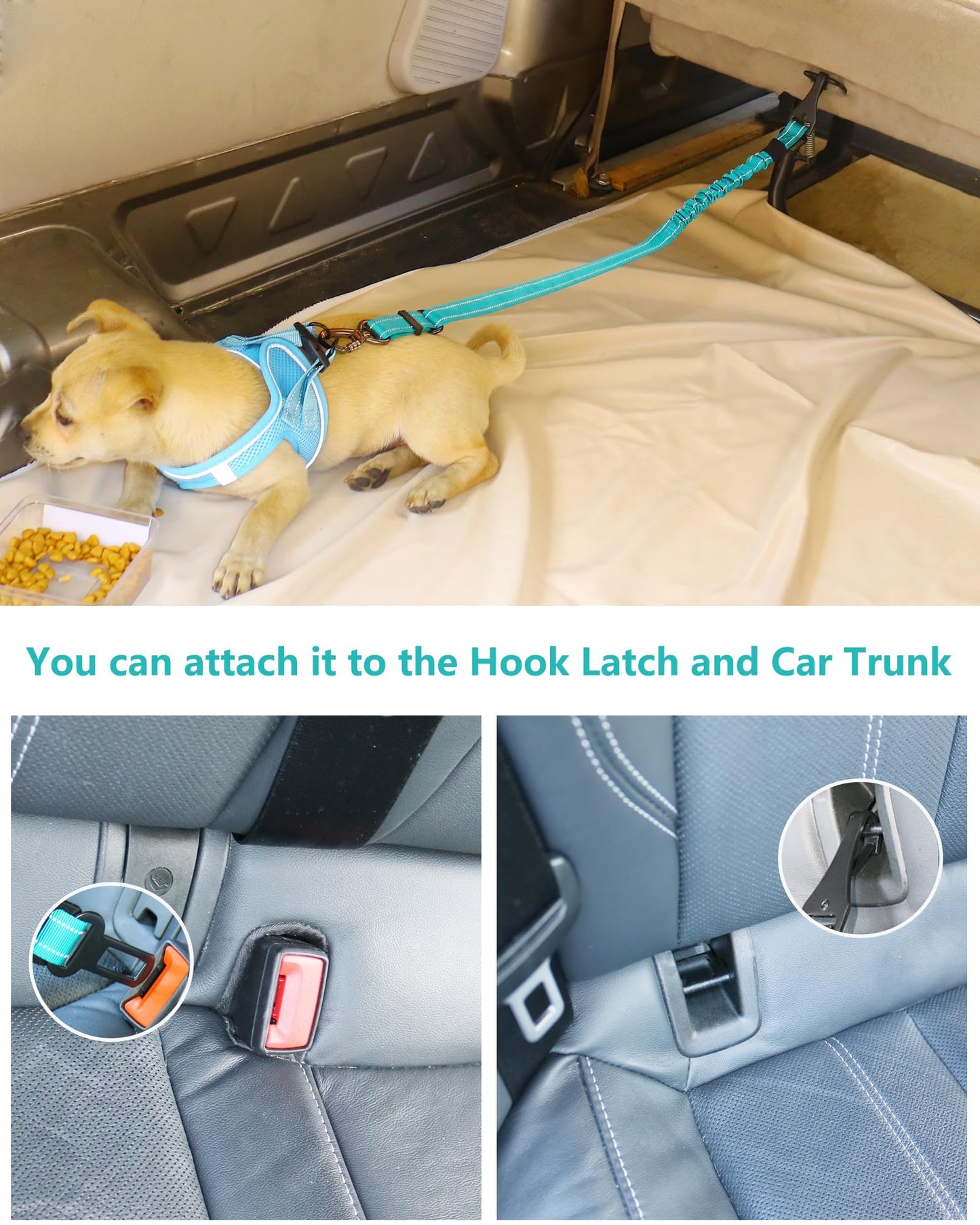 AUBELL Dog Seat Belt for Car,Updated 3-in-1 Adjustable Reflective Bungee Heavy Duty Dog Car Harness Tether with Clip Hook Latch & Buckle,Swivel Zinc Alloy Carabiner,Teal