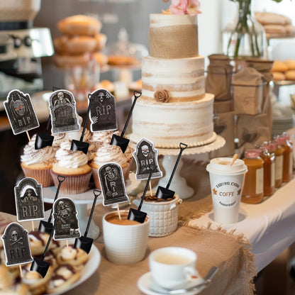 48 PCS Halloween Cupcake Toppers Tombstone Cupcake Picks Novelty Mini Shovel Spoons Horrible Gravestone Skeleton Cupcake Decorations for Halloween Theme Birthday Party Cake Decorations Supplies