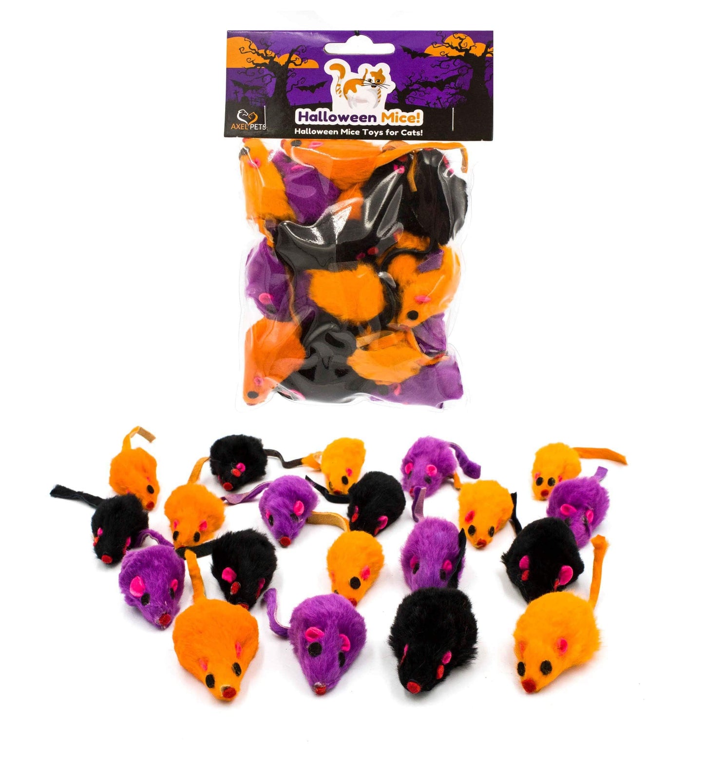AXEL PETS 20 Halloween Colorful Furry Mice Cat Toys with Catnip and Rattle Sound Made of Real Rabbit Fur, Interactive Catch Play Teaser Mouse Toy for Cats and Kittens. Pack of 20 Mice