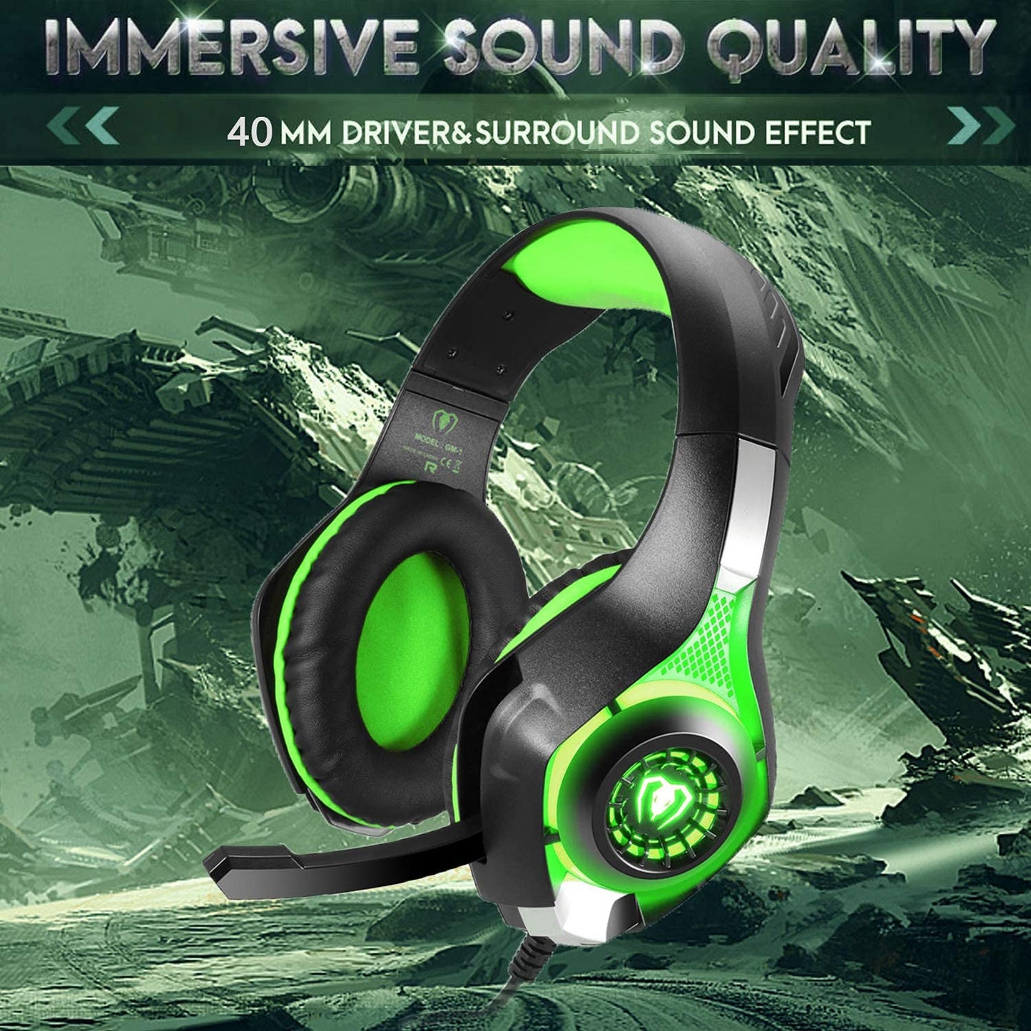 BlueFire Stereo Gaming Headset for PlayStation 4 PS4 PS5, Over-Ear Headphones with Mic and LED Lights for Xbox One, PC, Laptop(Green)