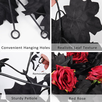 Artificial Black Garland Hanging Vine Artificial Floral Vines Fall Garland Hanging Flower Fake Rose Vines for Black and Burgundy Wedding Decor Halloween Indoor Outdoor Party Wall (Red Rose)