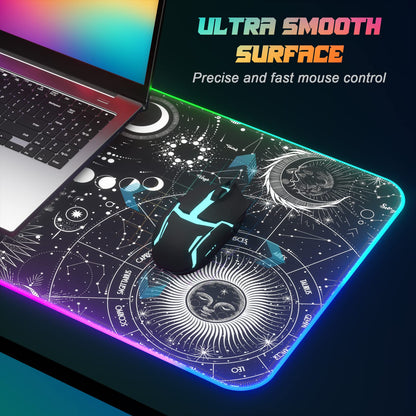 ITNRSIIET RGB Gaming Mouse Pad, Full Desk XL Extended Large Gaming Mousepad, 12 Lighting Modes, 30% Thicker, Big LED Desk Mat for Keyboard Computer Men Gamers Esport Pros, 32" x 12", Black Sun Moon