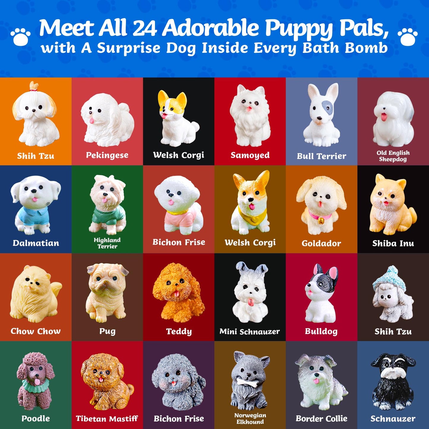 BubbleTail 24 Pack Puppy Bath Bombs for Kids - Each with Surprise Dog Figurine Inside, 12 Scents, Bath Bombs with Toys, Skin-Friendly, Birthday Party Favors & Stocking Stuffers for Boys & Girls