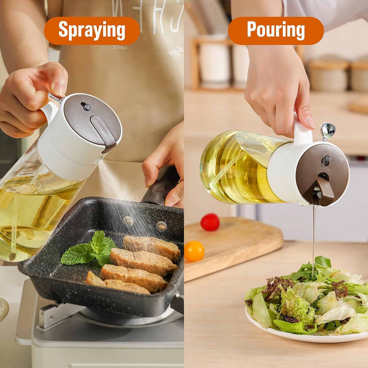 hoforife Glass Olive Oil Dispenser Bottle & Oil Sprayer Bottle 2 In 1 for Kitchen Cooking, Auto Flip Cap, 18oz White