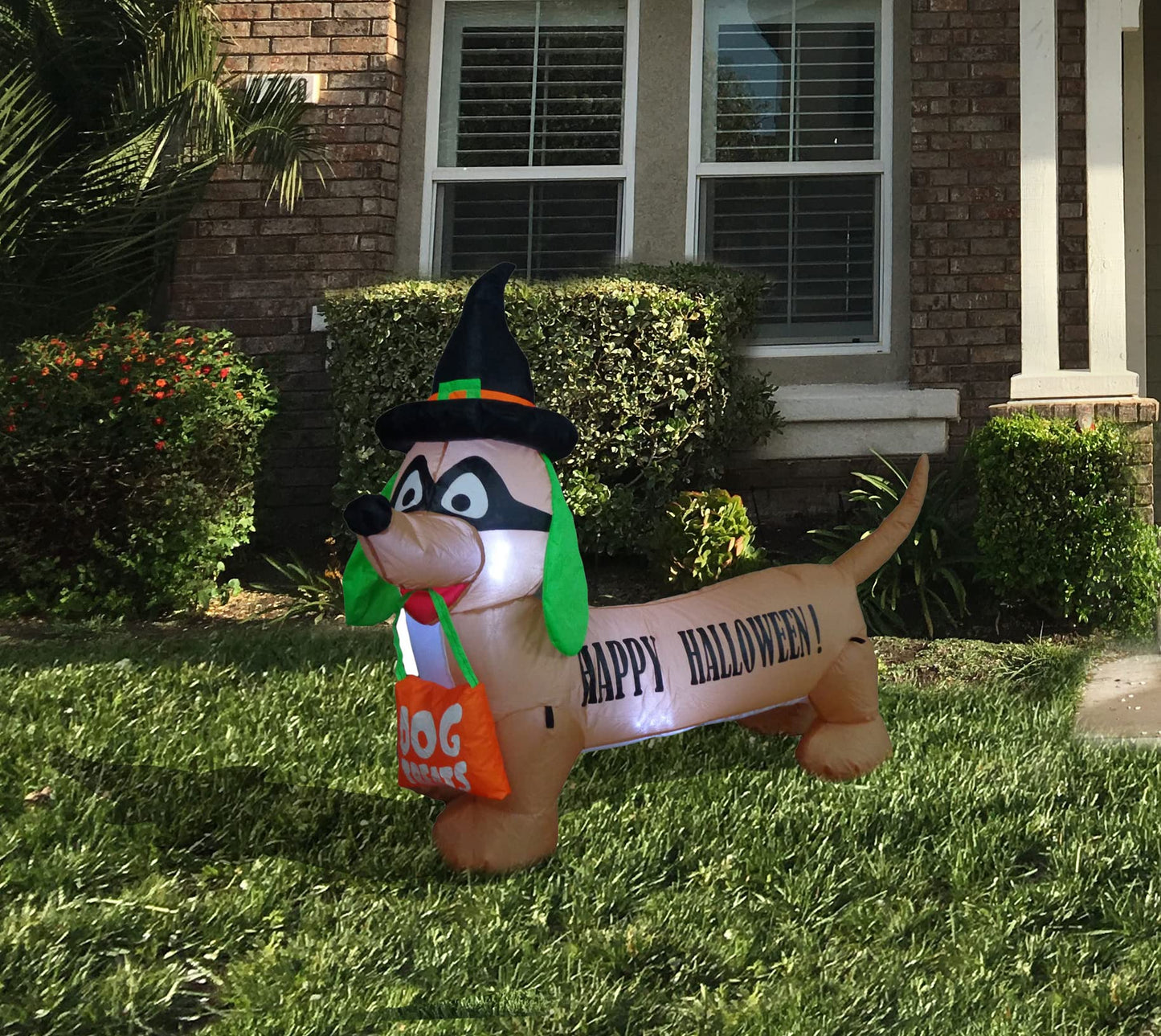 BZB Goods 4 Foot Long Illuminated Halloween Inflatable Dog with Witch Hat and Mask Decoration