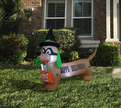 BZB Goods 4 Foot Long Illuminated Halloween Inflatable Dog with Witch Hat and Mask Decoration