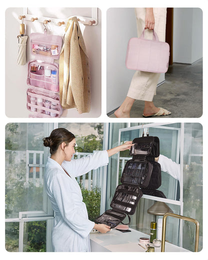 BAGSMART Travel Toiletry Bag with Jewelry Organizer, Hanging Travel Bag for Toiletries, Puffy Makeup Cosmetic Bag Organizer, Carry-on Travel Accessories Essentials, Black-L