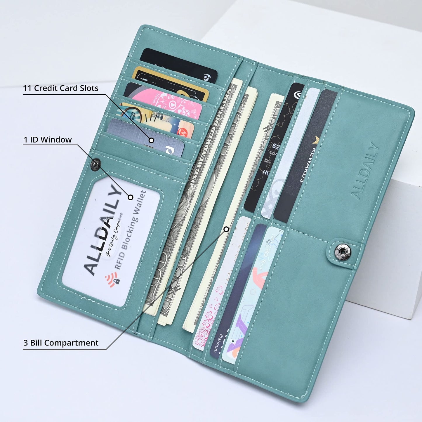 Alldaily Ultra Slim Thin Women Wallet RFID Blocking Credit Card Holder Bifold Long Ladies Billfold (Purist Blue)