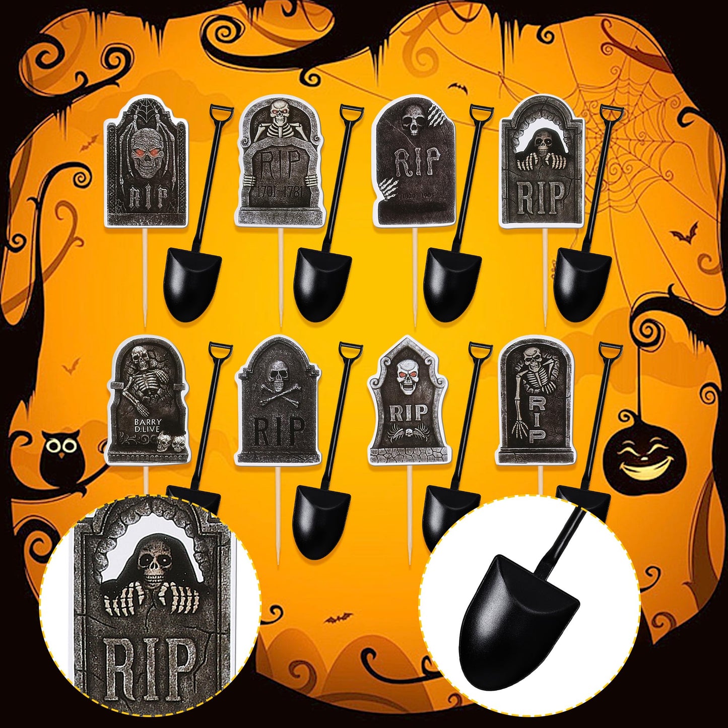 48 PCS Halloween Cupcake Toppers Tombstone Cupcake Picks Novelty Mini Shovel Spoons Horrible Gravestone Skeleton Cupcake Decorations for Halloween Theme Birthday Party Cake Decorations Supplies