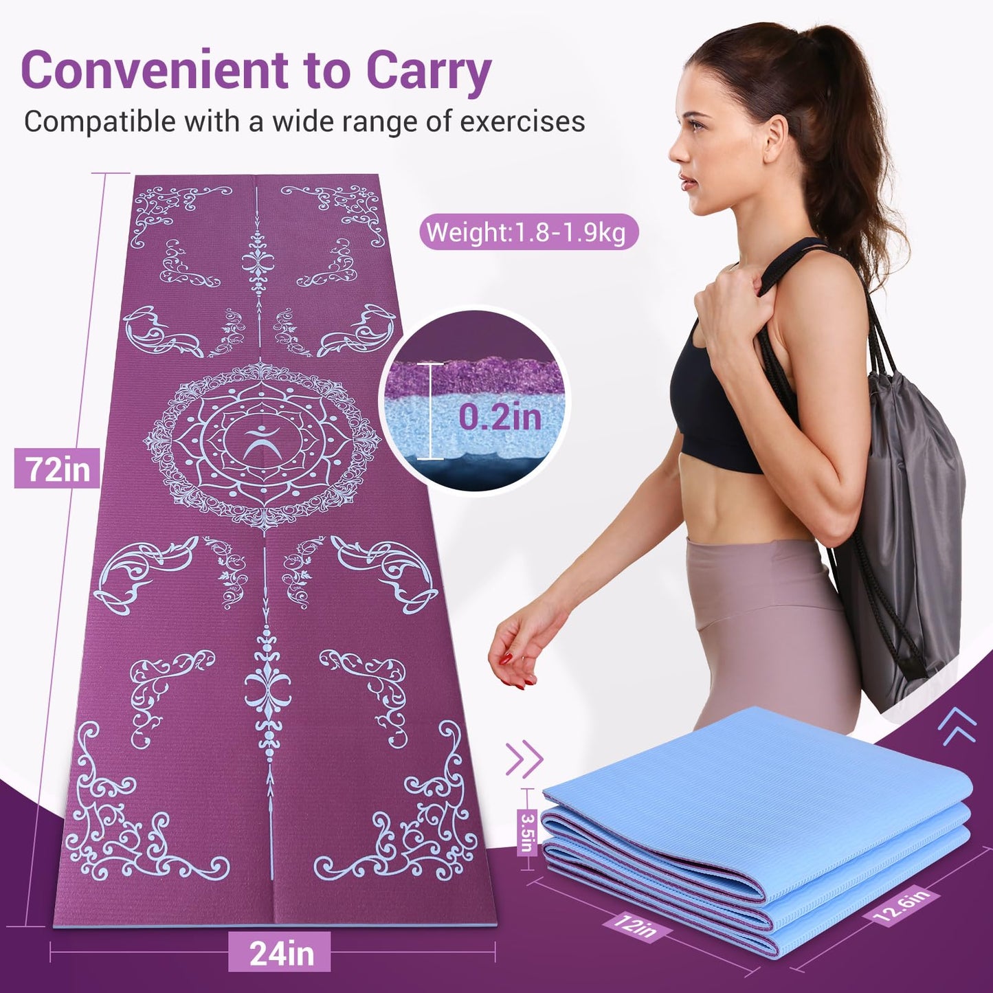 Avoalre Folding Yoga Mat, Eco-Friendly PVC Travel Yoga Mat Packable, Double Sided Non-Slip Printed Yoga Mats with Bag for Home Workout Gym Exercise Fitness Pilates Stretching (72" x 24" x 1/5" Thick)