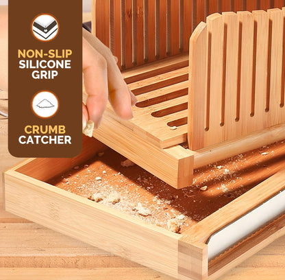 BAMBUSI Bread Slicer for Homemade Bread - Bamboo Bread Cutter with Knife, Foldable Slicing Guide, Crumb Tray - Compact Bread Loaf Slicer for Cakes, Bagels, Loaves - Kitchen Gadget, Baking Tool & Gift