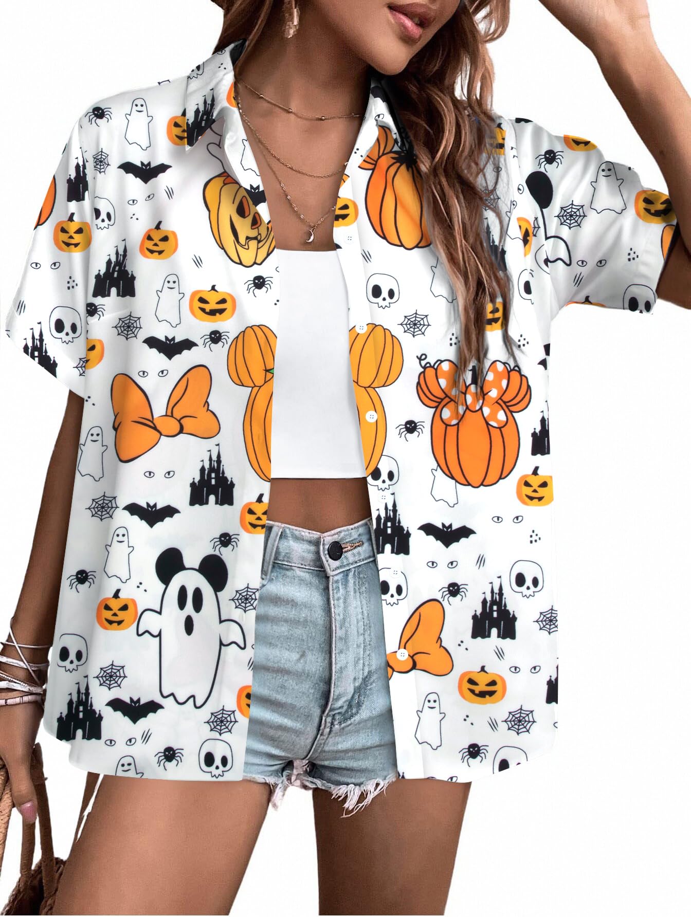 Womens Halloween Hawaiian Shirt Cute Pumpkin Spooky Castle Graphic Tee Magical Halloween Short Sleeve Button Up Tops