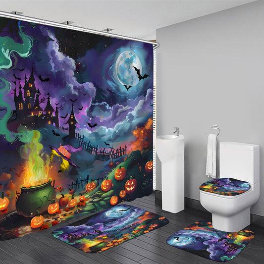 AZHM Halloween Shower Curtain Set, Enchanted Witch Themed Bathroom Decor, Scary Pumpkin Ambiance Bathroom Shower Curtain with Rugs