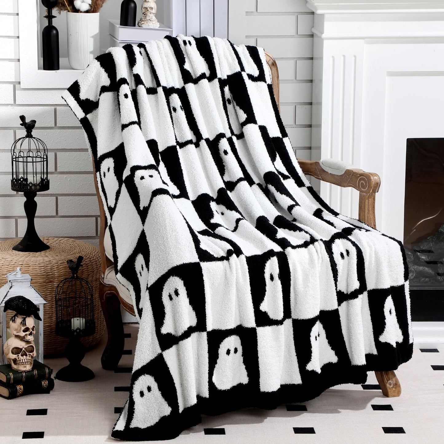 Buryeah Halloween Ghost Knit Throw Blanket, 50 x 60 Inch Spooky Ghost Reversible Knitted Throw Blanket, Cozy Lightweight Soft Gift for Couch Sofa Bed