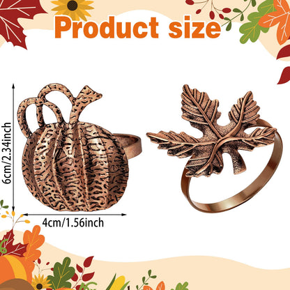 WILLBOND 12 Pcs Thanksgiving Napkin Rings Set Thanksgiving Pumpkin Leaf Themed Holders Fall Napkin Rings Alloy Design Holder Buckle for Halloween Home Party Table Decor Wedding Supplies (Copper)