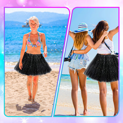Yolev Tutu Skirts for Women Girls Adult Elastic 3 Layered Tulle Tutu Skirt with Sequin Stars Retro 80's Layered Bubble Skirt Running Skirt (Black)