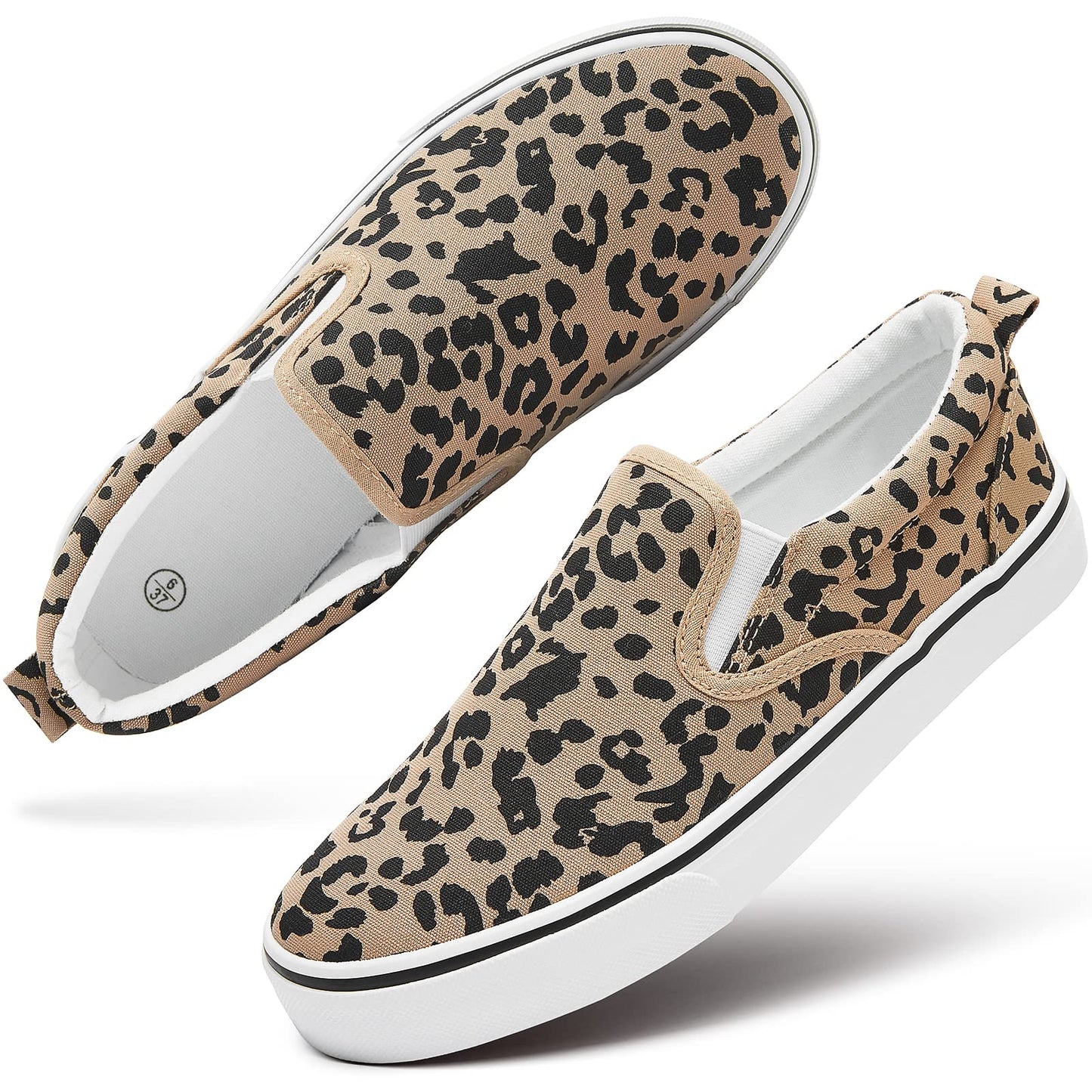 Women's Canvas Slip On Sneakers Fashion Flats Shoes White Canvas Shoes (Leopard, US5.5)