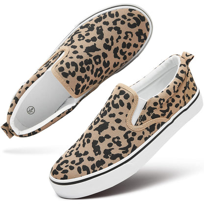 Women's Canvas Slip On Sneakers Fashion Flats Shoes White Canvas Shoes (Leopard, US5.5)