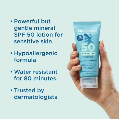 Blue Lizard SENSITIVE Mineral Sunscreen with Zinc Oxide, SPF 50+, Water Resistant, UVA/UVB Protection with Smart Cap Technology - Fragrance Free, 3 oz. Tube