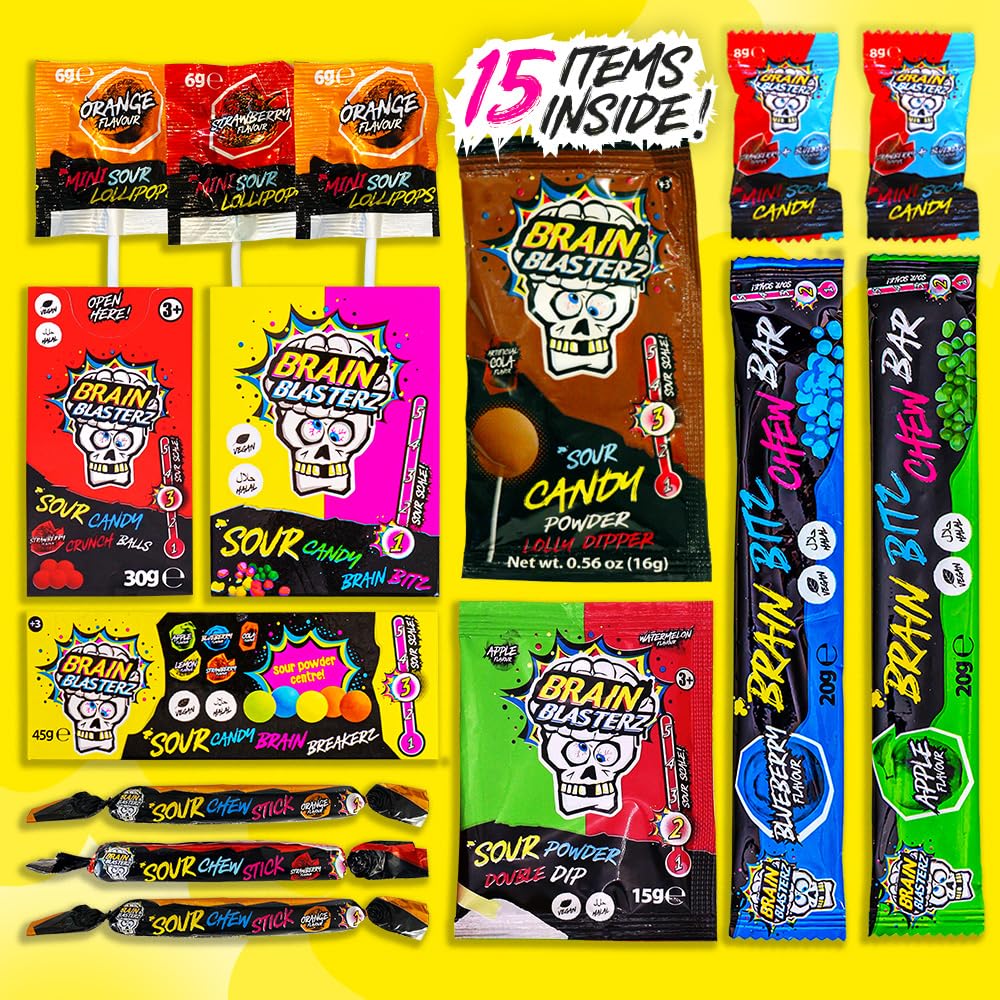 Brain Blasterz TREAT Sour Candy Variety Pack, Vegan Candy, Sour Chew Bar, Halal Candy, Sour Candy Gift Box w/ 15 pcs (13oz), Unique Candy Variety Pack, Lollipop, Sour Powder, Taffy, Halloween Candy