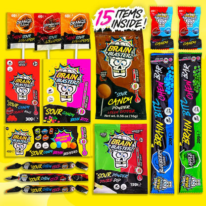 Brain Blasterz TREAT Sour Candy Variety Pack, Vegan Candy, Sour Chew Bar, Halal Candy, Sour Candy Gift Box w/ 15 pcs (13oz), Unique Candy Variety Pack, Lollipop, Sour Powder, Taffy, Halloween Candy