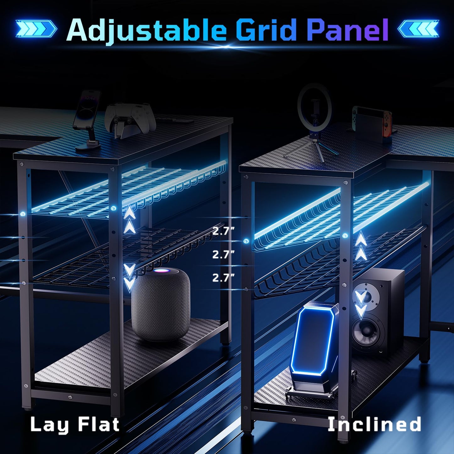 Bestier Gaming Desk with Power Outlets, 42" L-Shaped Computer Desk with LED Lights, Desk with Reversible Storage Shelves & Hooks for Small Spaces, Bedrooms & Offices, Black Carbon Fiber