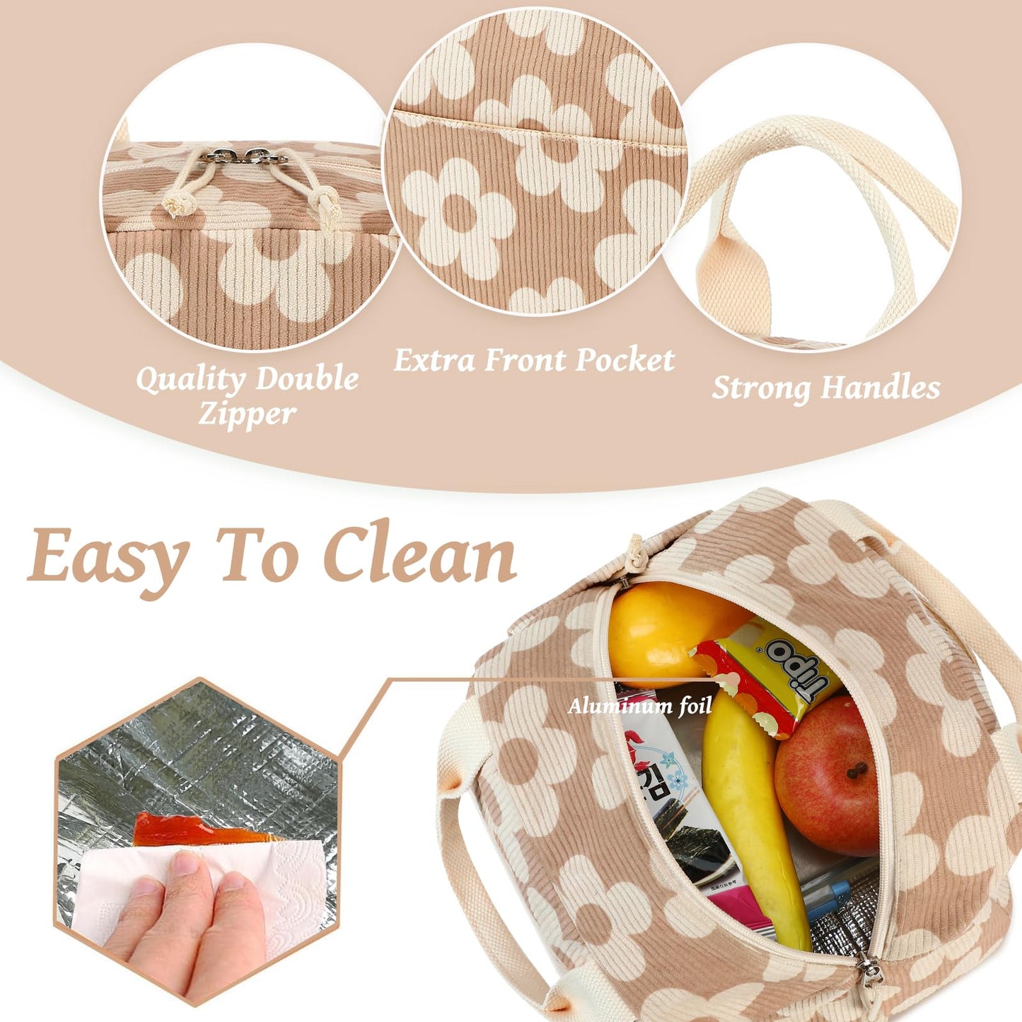 Bluboon Lunch Bag for Women Men Cute Corduroy Lunch Tote Bags Reusable Insulated Lunch Box Large Capacity Reusable Insulated Cooler for Work Picnic or Travel