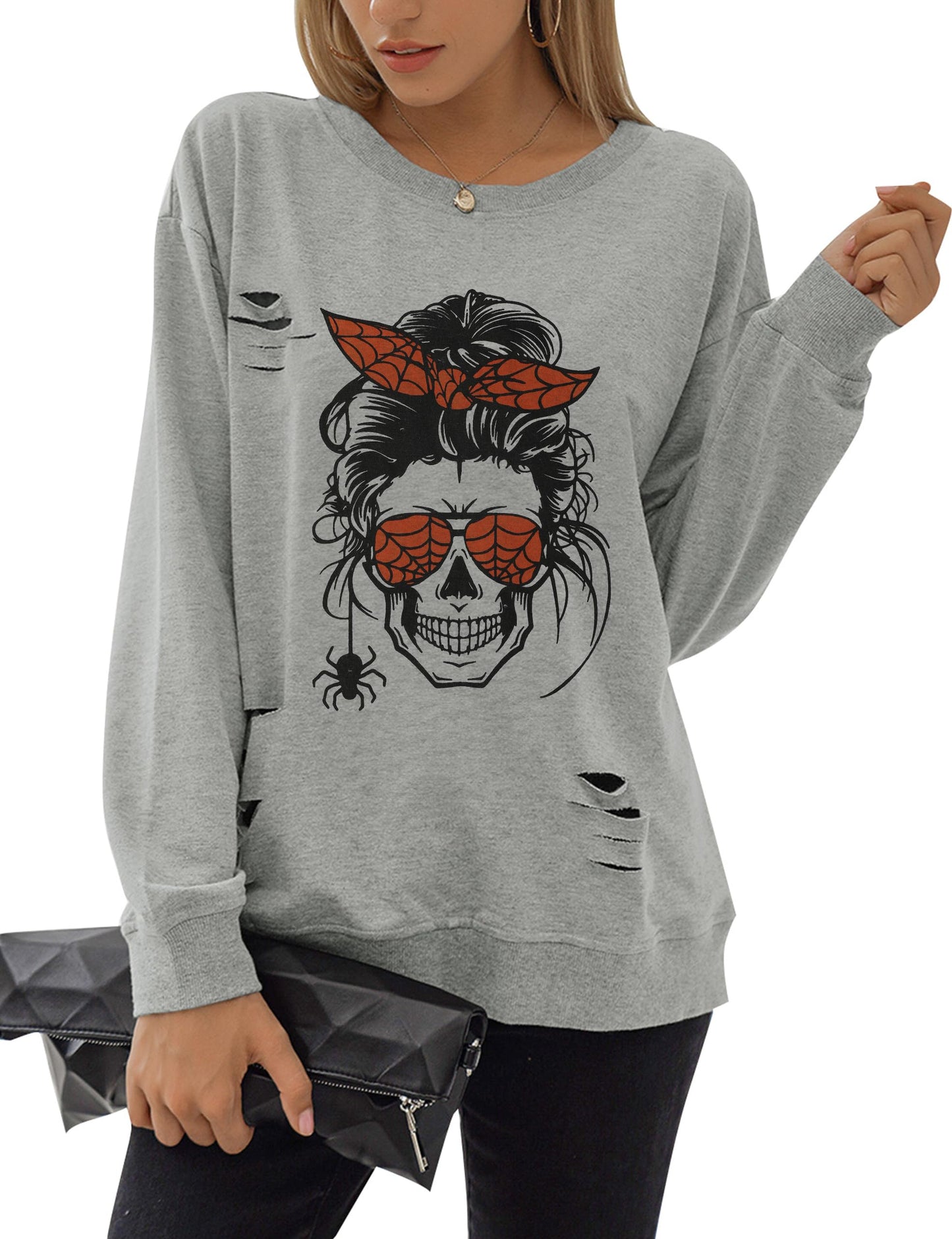 Blooming Jelly Women's Halloween Sweatshirts Skull Graphic T Shirts Long Sleeve Pullover Gothic Fall Trendy Outfits 2024 (Large, Gray-Spider)
