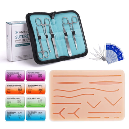 Alcedo Suture Practice Kit for Medical Students | Complete Set (32 Pieces) Include Durable Large Suturing Pad with Pre-Cut Wounds, Tools Kit, and Suture Threads | Perfect for Practice, Demonstration