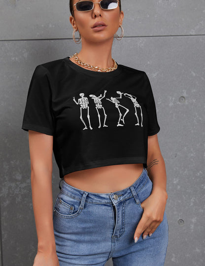 Women's Halloween Funny Skeleton Skull Hand Print Crop Top Tee Short Sleeve Casual T-Shirt, Small,Black Dance