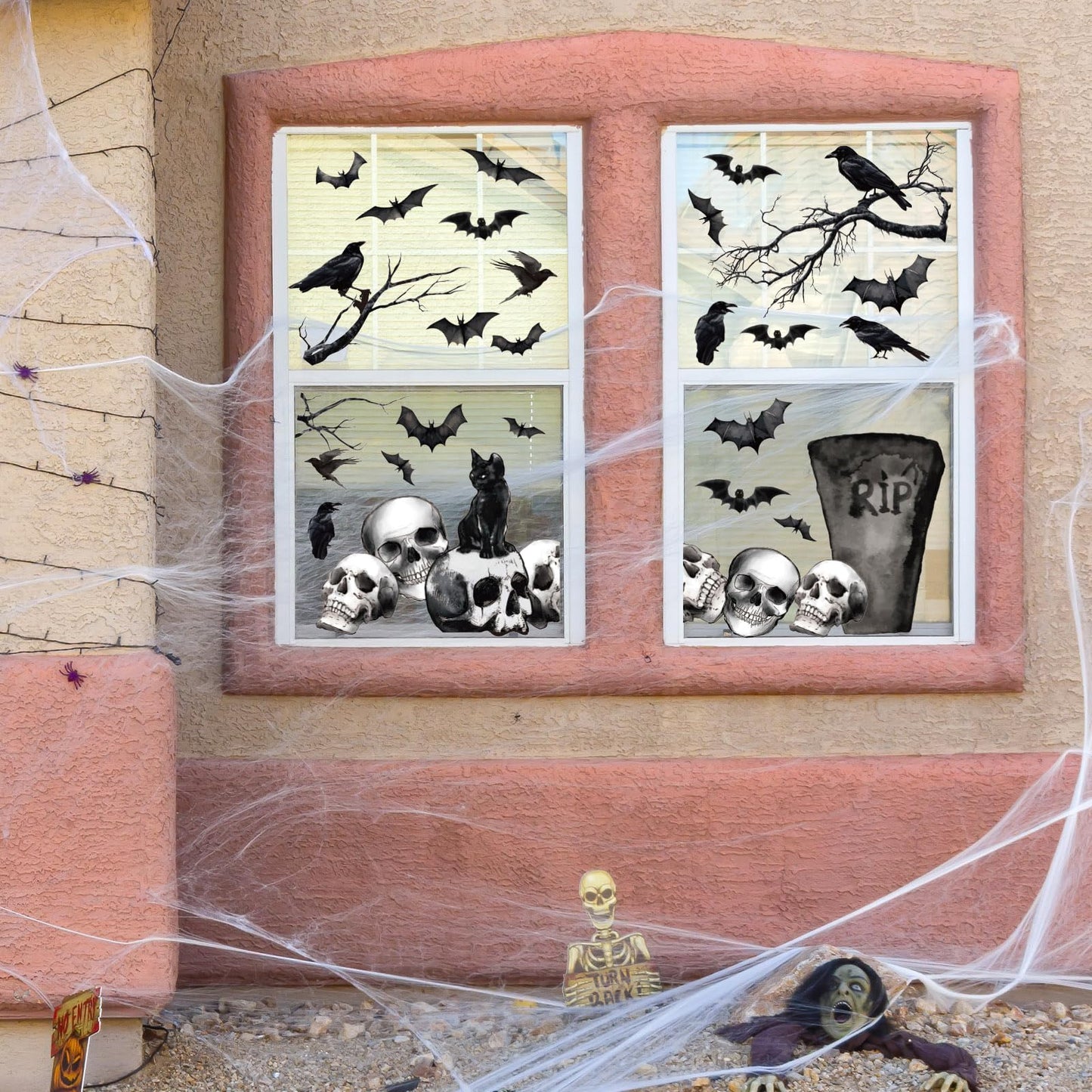 Whaline 6 Sheets Halloween Window Clings Graveyard Black Crow Bat Skull Reusable Window Decals for Gothic Party House Office School Home Glass Decor