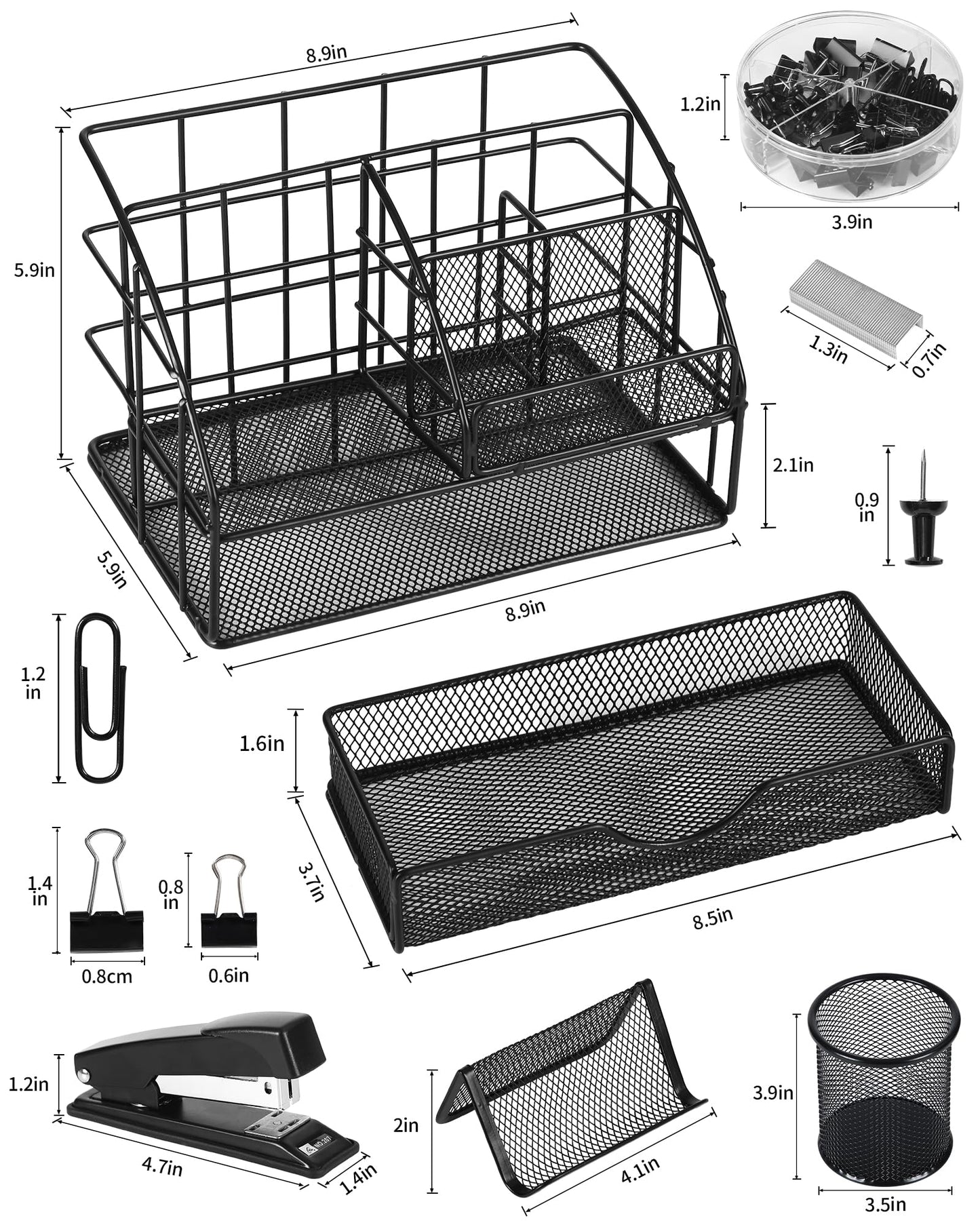 AOFUXTI Office Supplies Desk Organizer - Desk Organizers and Accessories, Supplies Set with Pen Holder, Stapler and 72 Clips Set for Office, Home, School, Black