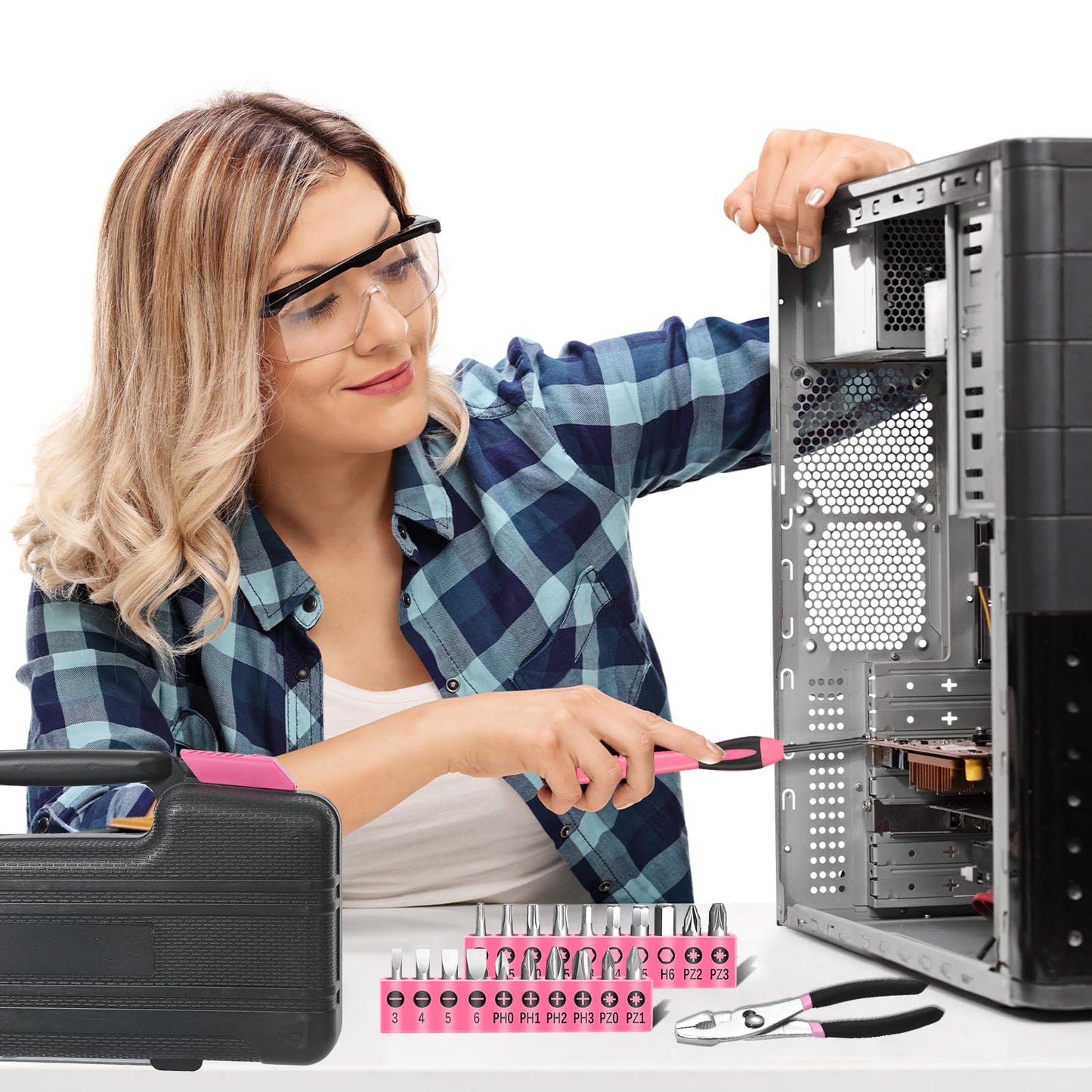 39 Piece All Purpose Basic Household Pink Tool Kit for Women - Small Tool Set with Toolbox Great for Home, Garage, Office and College Dormitory Use