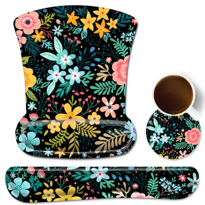 3 in 1 Ergonomic Mouse Pad with Wrist Rest and Keyboard Wrist Support Set with Coaster, Cute Wrist Pad with Non-Slip Rubber Base and Raised Memory Foam, Easy Typing & Pain Relief, Weeds Flower
