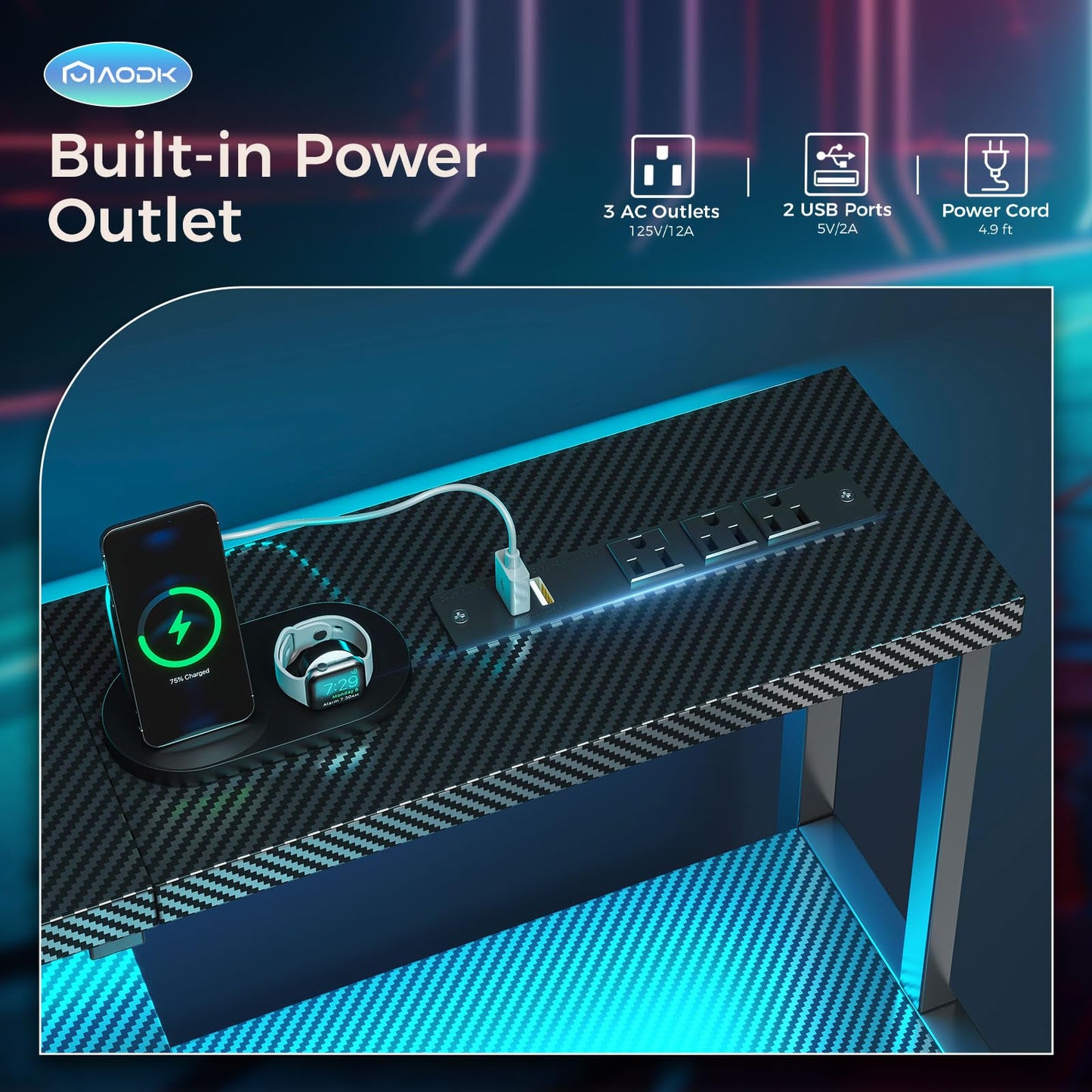 AODK Computer Desk, 48 Inch Gaming Desk with Led Lights & Power Outlet, Office Desk with Printer Storage Shelves, Reversible Desk with Monitor Shelf & Headphone Hook, Carbon Fiber Black