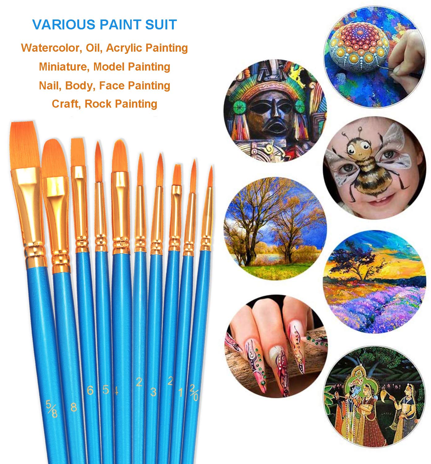 BOSOBO Paint Brushes Set, 2 Pack 20 Pcs Round-Pointed Tip Nylon Hair Artist Acrylic Paint Brushes for Acrylic Painting Oil Watercolor, Face Nail Art, Canvas, Miniature Detailing & Rock Painting, Blue