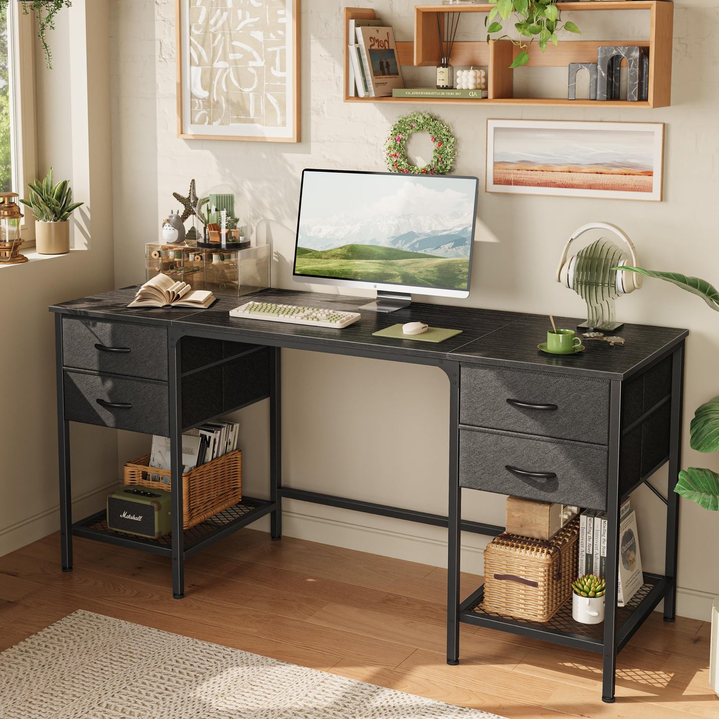 Huuger 63 Inch Computer Desk with 4 Drawers, Mesh Shelf, Gaming, Large Storage, Writing Work Desk for Home, Study, Bedroom, Work from Home, Black