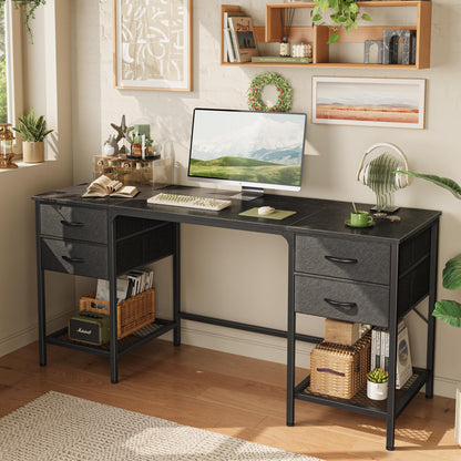 Huuger 63 Inch Computer Desk with 4 Drawers, Mesh Shelf, Gaming, Large Storage, Writing Work Desk for Home, Study, Bedroom, Work from Home, Black
