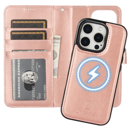 Bocasal for iPhone 16 Pro Wallet Case Compatible with MagSafe Wireless Charging, RFID Blocking Magnetic Leather Case with Card Slots Holder Kickstand Detachable Wrist Strap 6.3 Inch (Rose Gold)