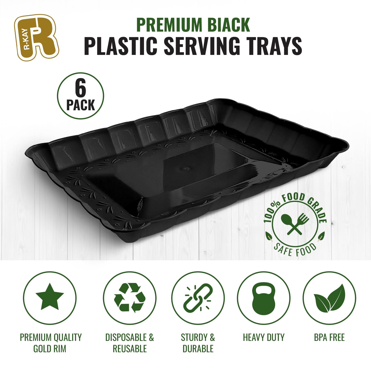 6 Pack Black Plastic Serving Trays - 9 x 13 Party Serving Trays and Platters - Black Serving Tray - Serving Platter Tray for Party