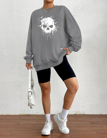 Zeagoo Women's Halloween Pumpkin Face Long Sleeve Sweatshirts Lightweight Casual Pullover Tops Grey Skull XL