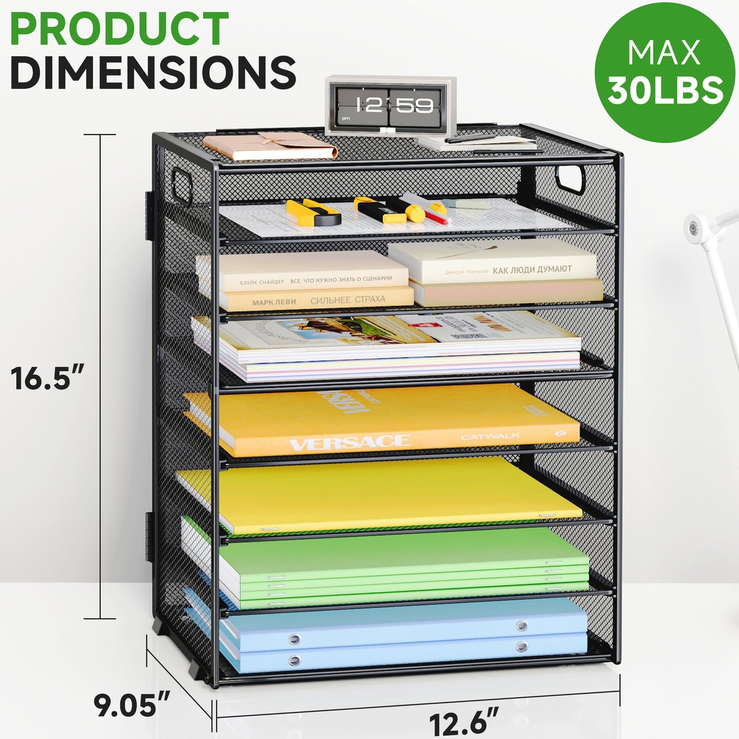 Biciyarn 8 Tier Paper Organizer with Handle, Metal Mesh Desk File Organizer, Large Capacity Desk Organizers Paper Letter Tray Desktop Document Sorter for Office, Home or School - Black