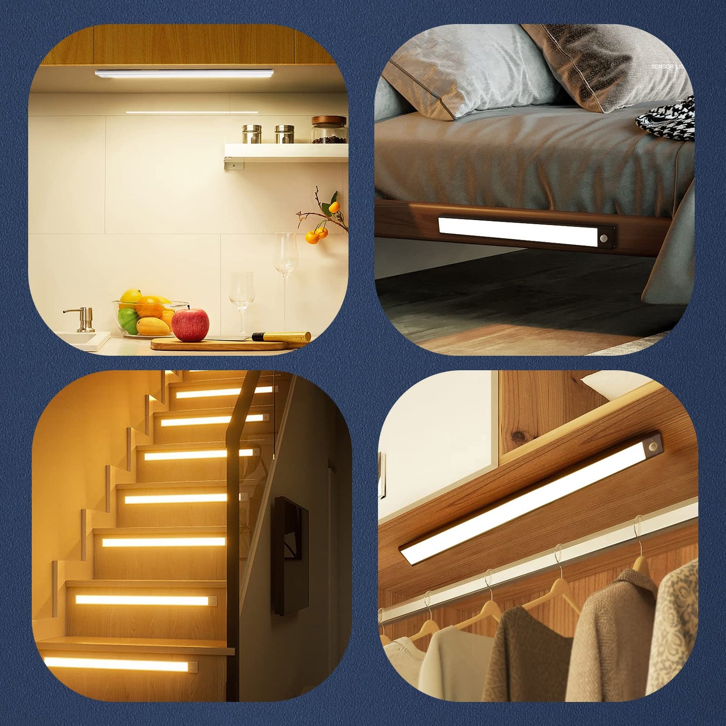 AiQInu 146 LED Cabinet Light with Motion Sensor, USB Rechargeable LED Under Cabinet Light, 40 cm Dimmable Cabinet Light with Magnetic Strip Sticker for Kitchen, Stairs, Corridors